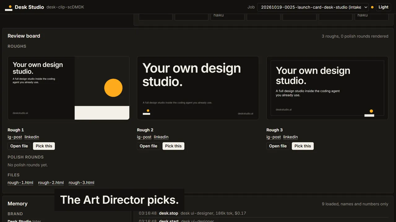 Three roughs on the board, the Art Director picks one and the ring draws round it